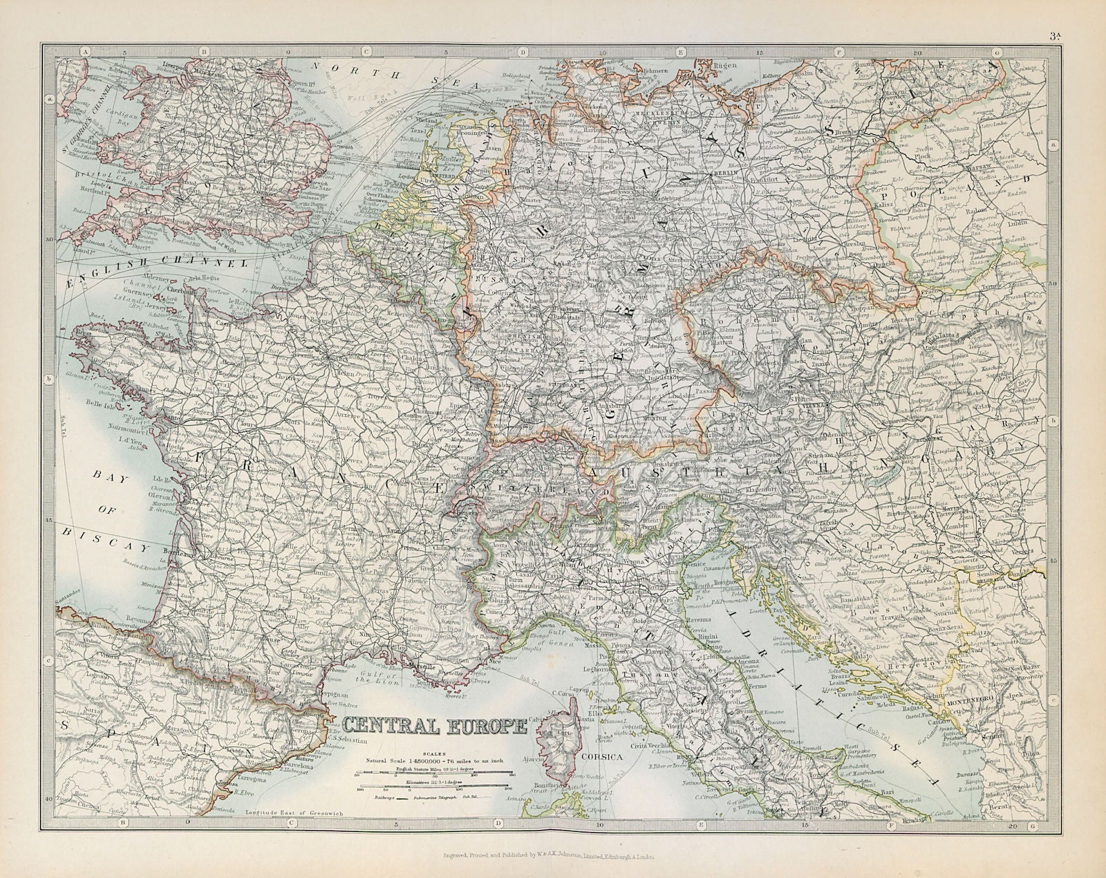 CENTRAL EUROPE. France w/o Alsace Lorraine. Austria-Hungary . JOHNSTON 1915 map